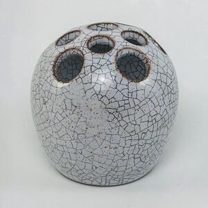 Signed Studio Pottery Crackle Glaze Flower Frog Gray Spherical Ikebana